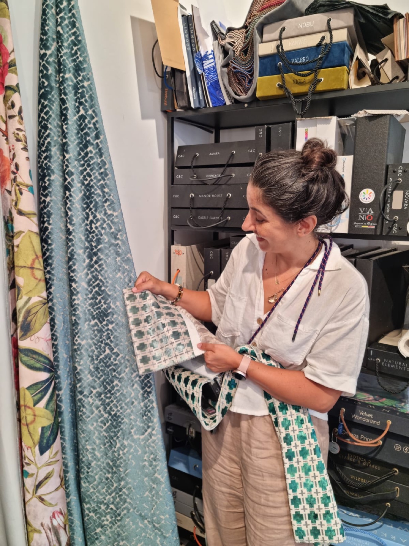 Lisa Sharabani selecting fabrics and materials